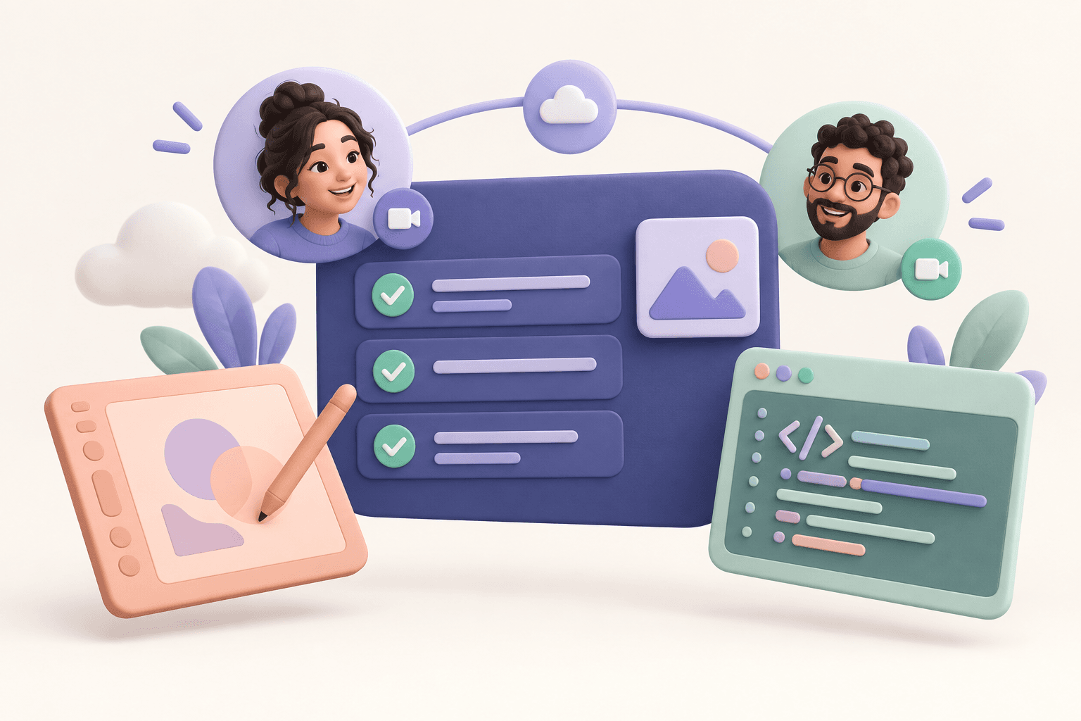 AI illustration of a collaborative project board and creative tools